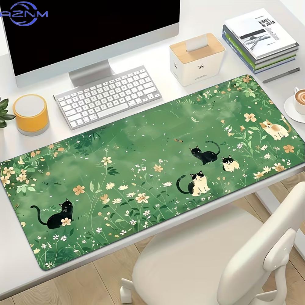 Desk Setup Gaming And Work - Floral Cat Design Large Gaming Mouse